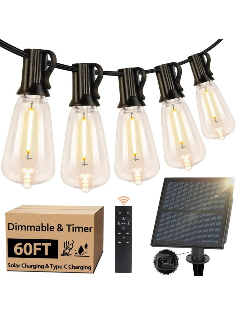 60FT Waterproof Dimmable Solar Outdoor String Lights - Perfect for Patio Decor